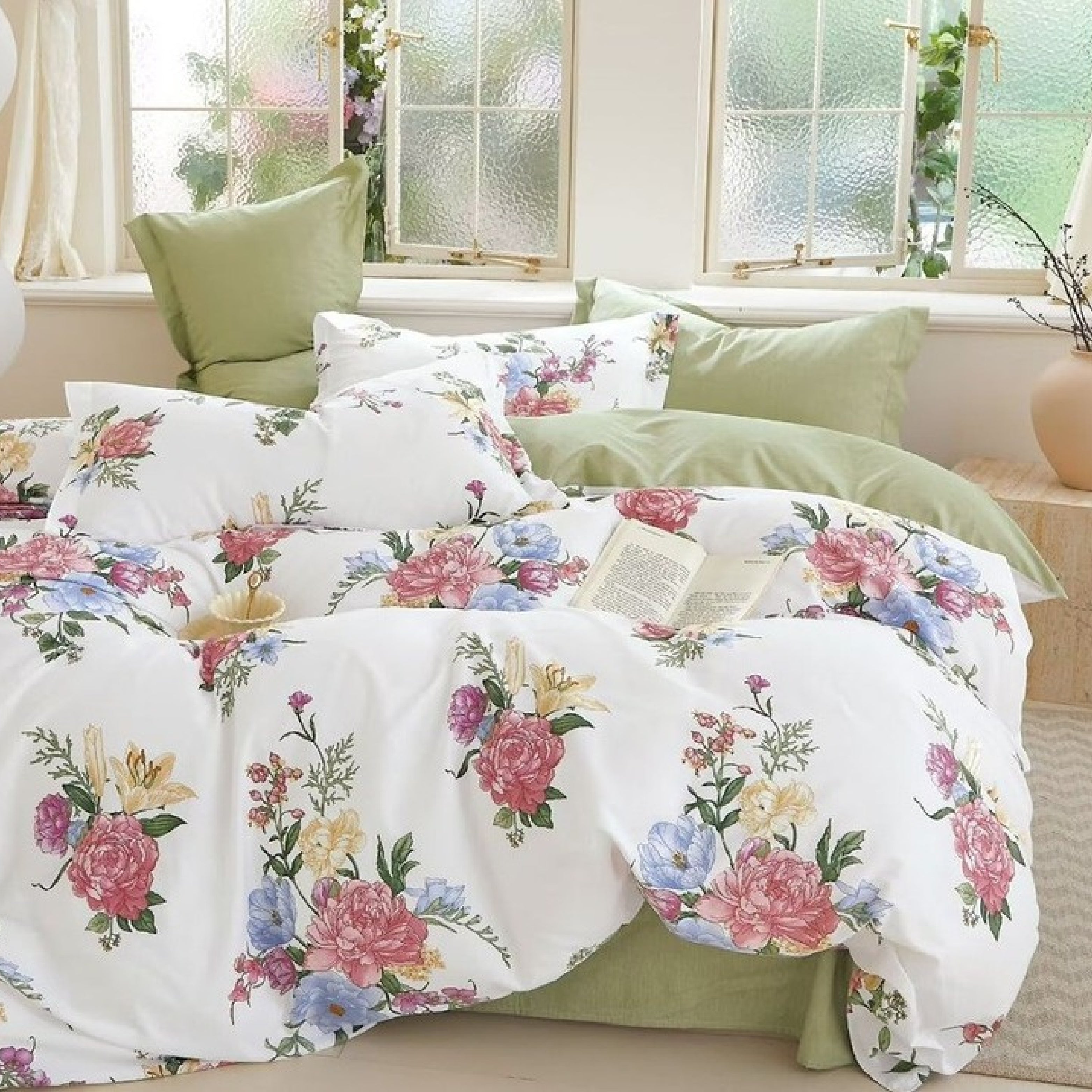 Florida Tulip 100% Pure Cotton Quality King Size Elastic Fitted Bedsheet with Coordinated Pillow Covers
