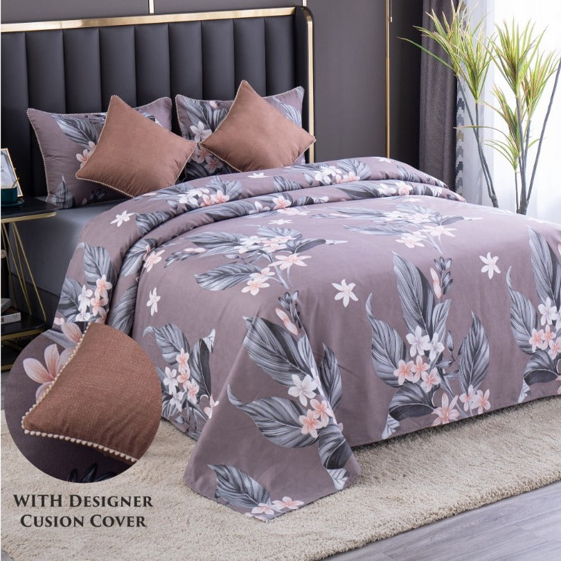 A king-size bed with a floral patterned bedsheets, two pillows and two cushion covers in matching design, with a brown and beige color scheme.
