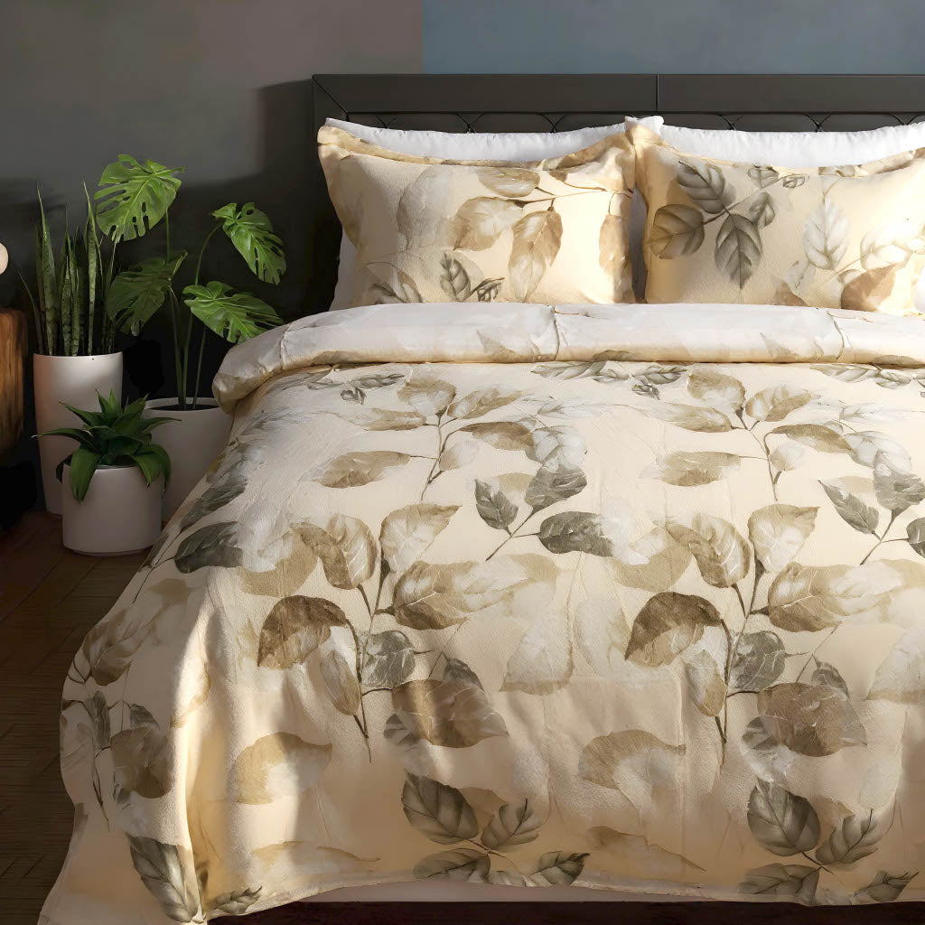 Floral-patterned bedding set on a bed with plants in the background