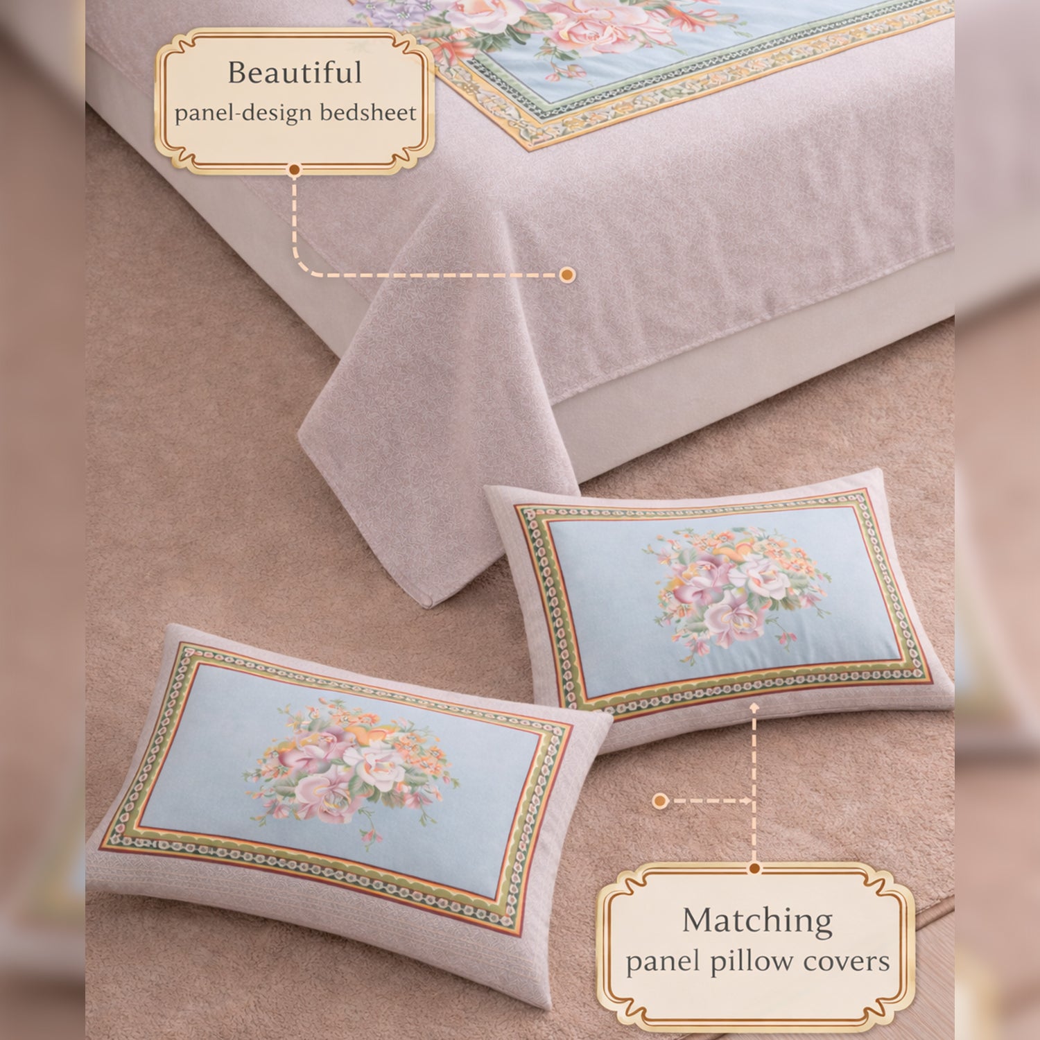 Florida King Size Cotton Panel Bedsheet with 2 Pillow Covers