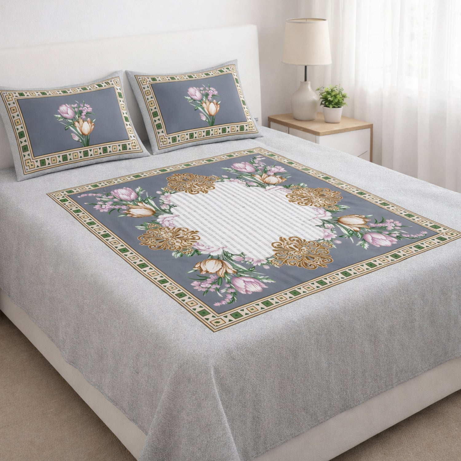 Florida King Size Cotton Panel Bedsheet with 2 Pillow Covers