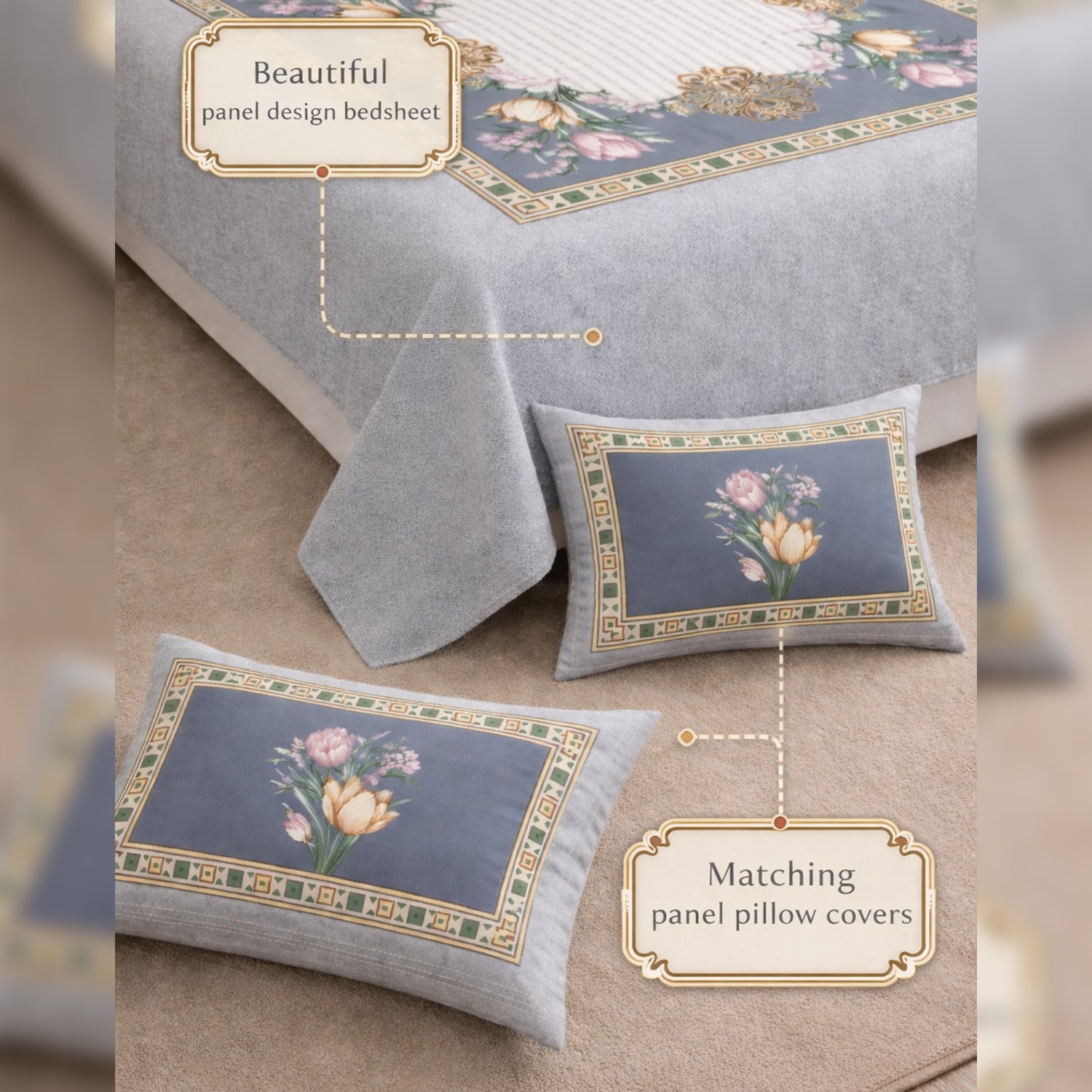 Florida King Size Cotton Panel Bedsheet with 2 Pillow Covers