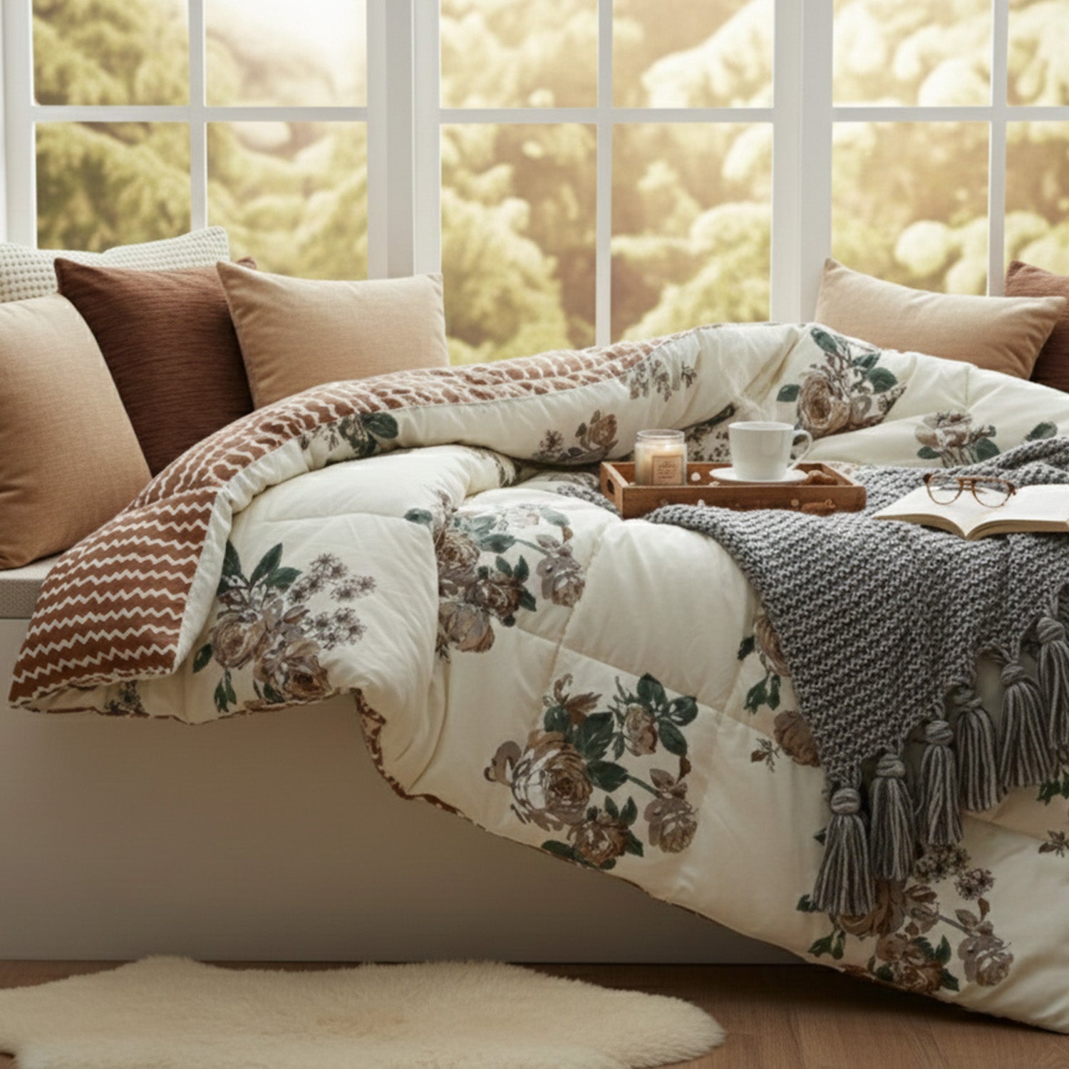 Floral quilt on a sofa with pillows and a cup in a cozy living room.