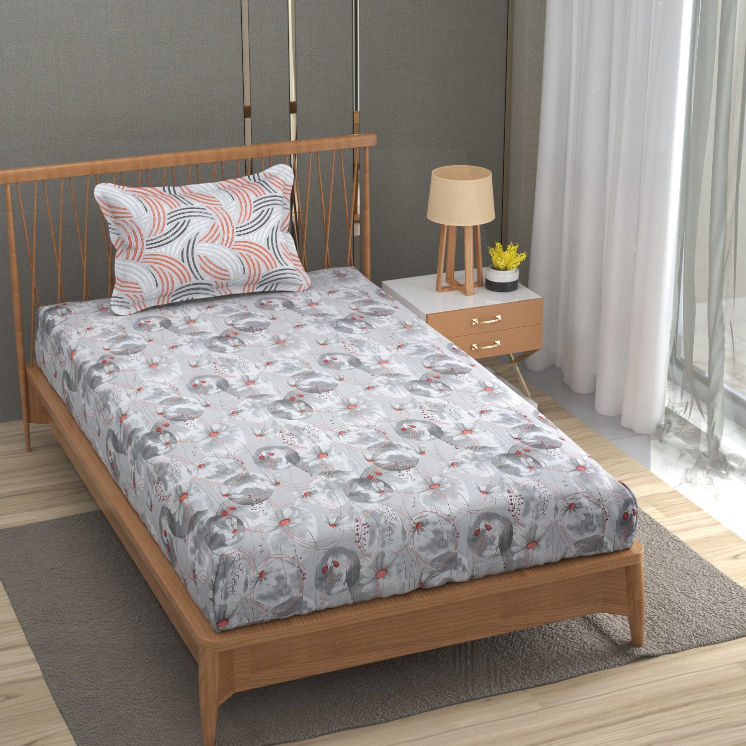 Florida Double Bed King Size Cotton Bedsheet with 2 Pillow Cover - Grey