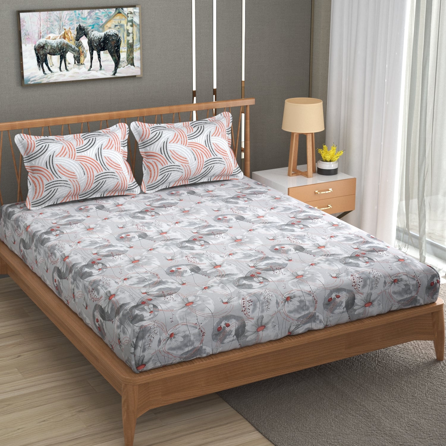 Florida Double Bed King Size Cotton Bedsheet with 2 Pillow Cover - Grey