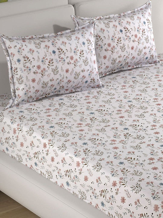 Florida Elite 100% Pure Cotton Pure Cotton 160 TC Floral Print King Size Bedsheet with 2 Pillow Covers